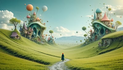 Illustration of a whimsical, surreal landscape with a character exploring a new world Illustration of a whimsical, surreal landscape with a character exploring a new world